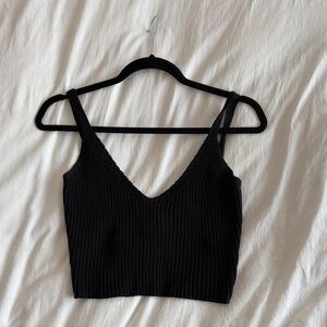 Moutaki 100% Cotton Black Ribbed V-Neck Knit Crop Tank Top